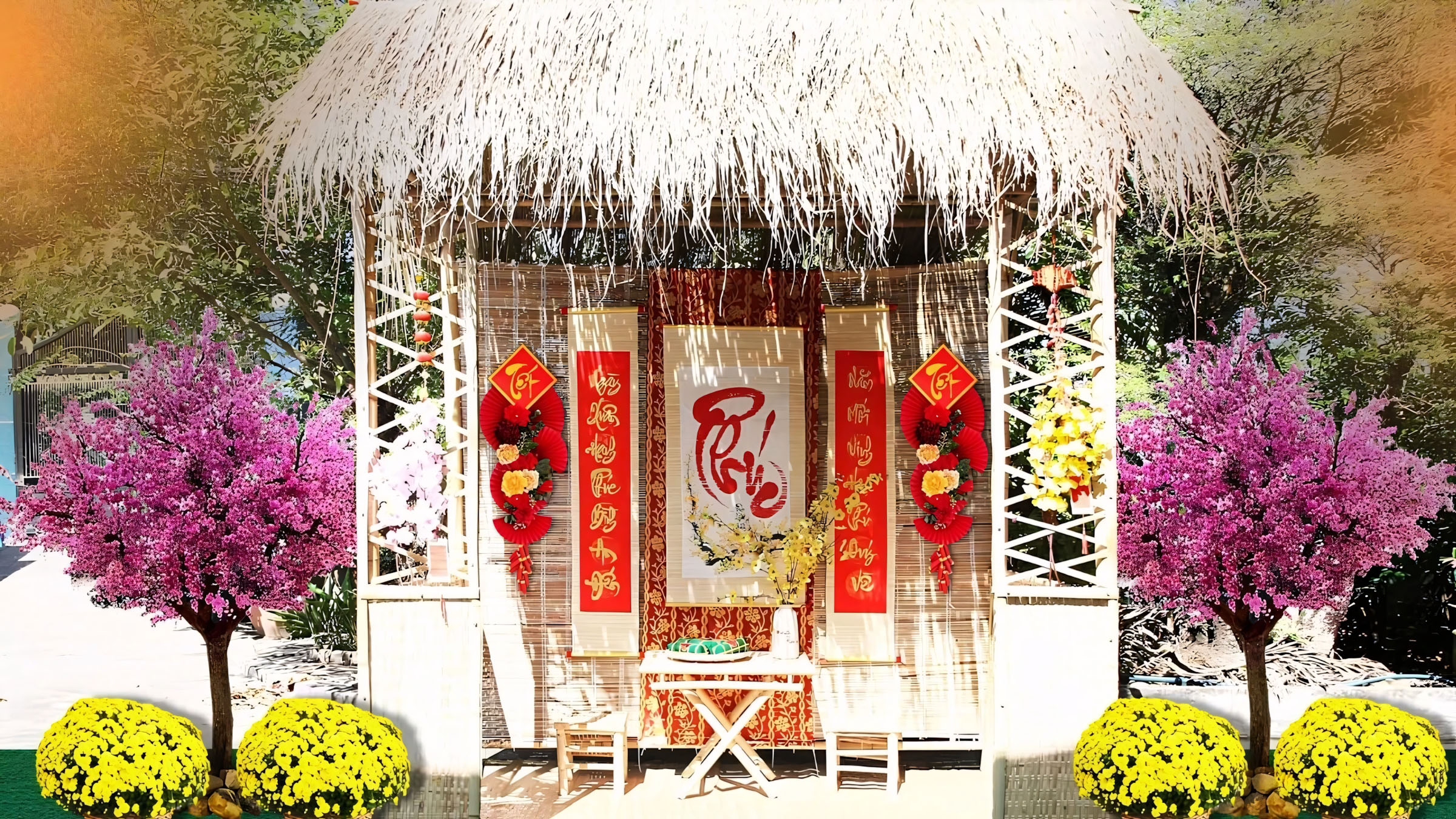 9.222+ Tiểu Cảnh Tết Decor Thư Pháp, Mái Tranh, Ông Đồ, Hoa Tết