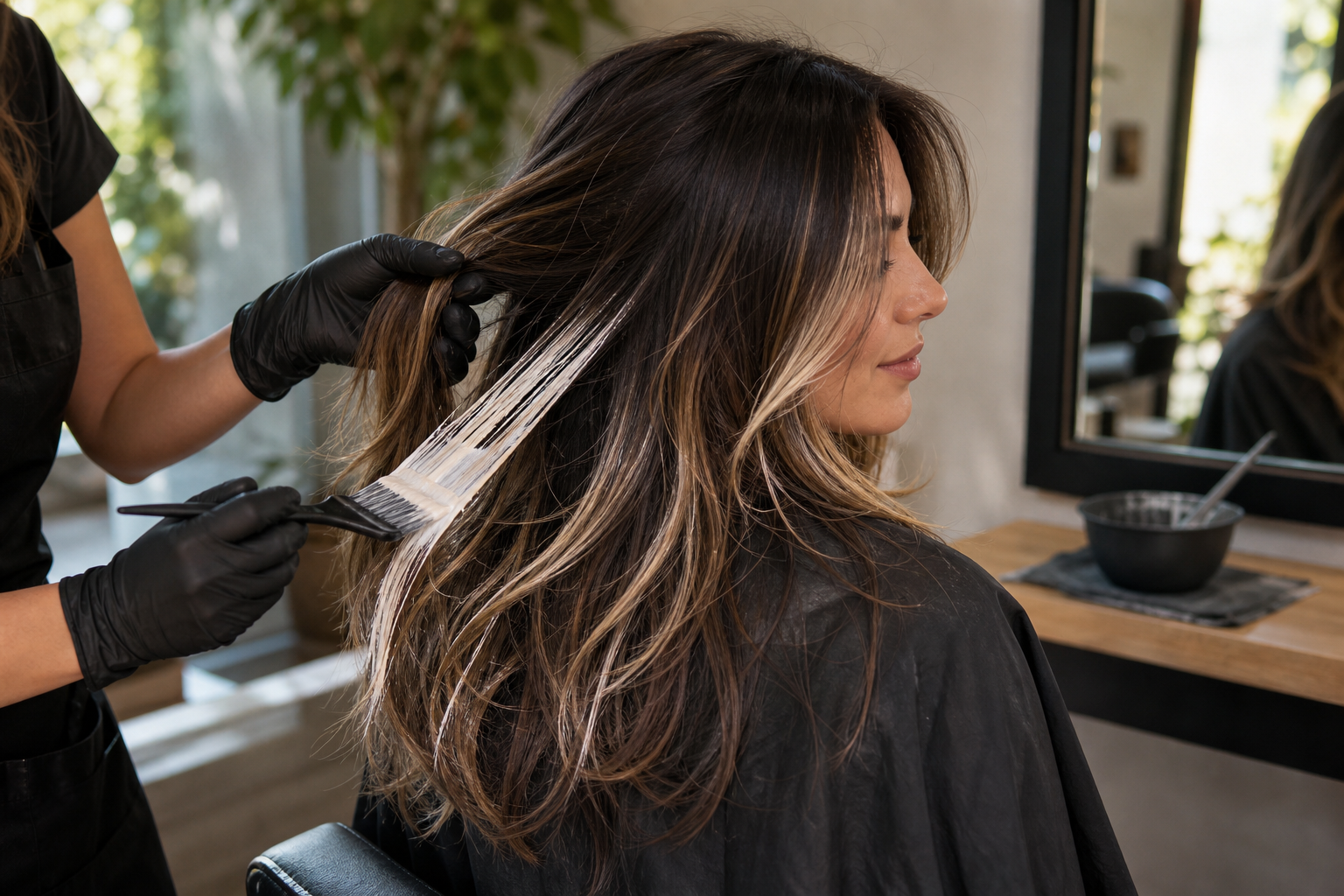 Thợ làm tóc đang quét thuốc nhuộm lên tóc balayage của khách trong salon, tạo các lọn sáng trên nền tóc nâu