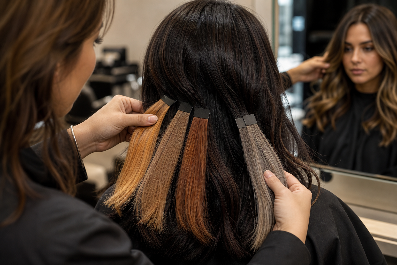 Thợ làm tóc đang cầm các lọn tóc balayage sáng màu trên nền tóc đen trong salon, cạnh gương phản chiếu khách hàng.