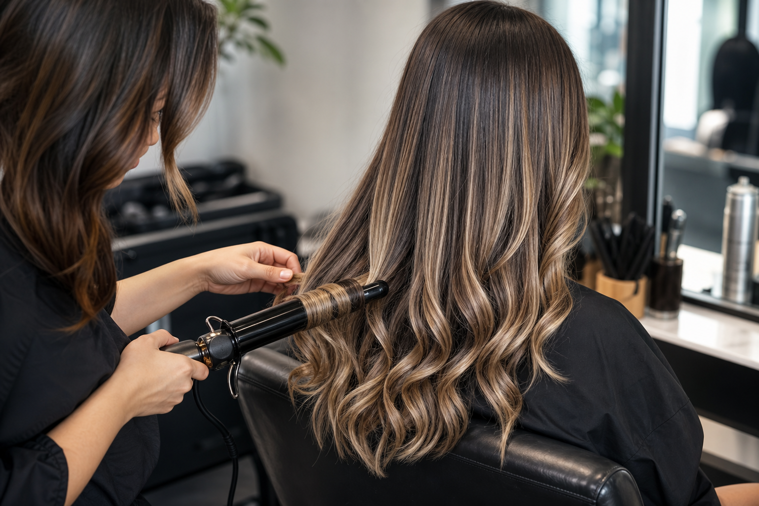 Thợ làm tóc uốn phần đuôi cho khách có mái tóc balayage trong salon, làm nổi bật các dải màu sáng trên tóc