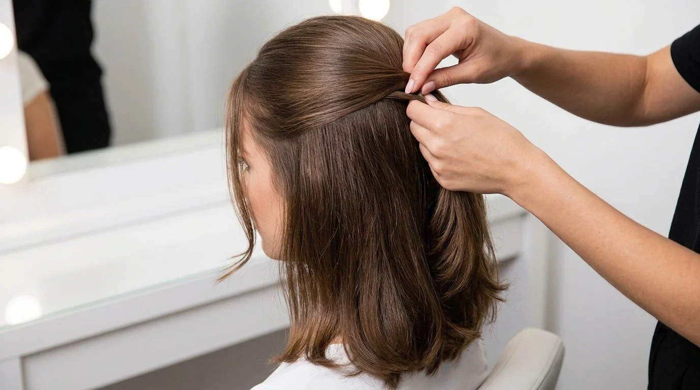 Người thợ đang vuốt và buộc nửa đầu cho một cô gái tóc nâu ngắn đến ngang vai trong phòng trang điểm.