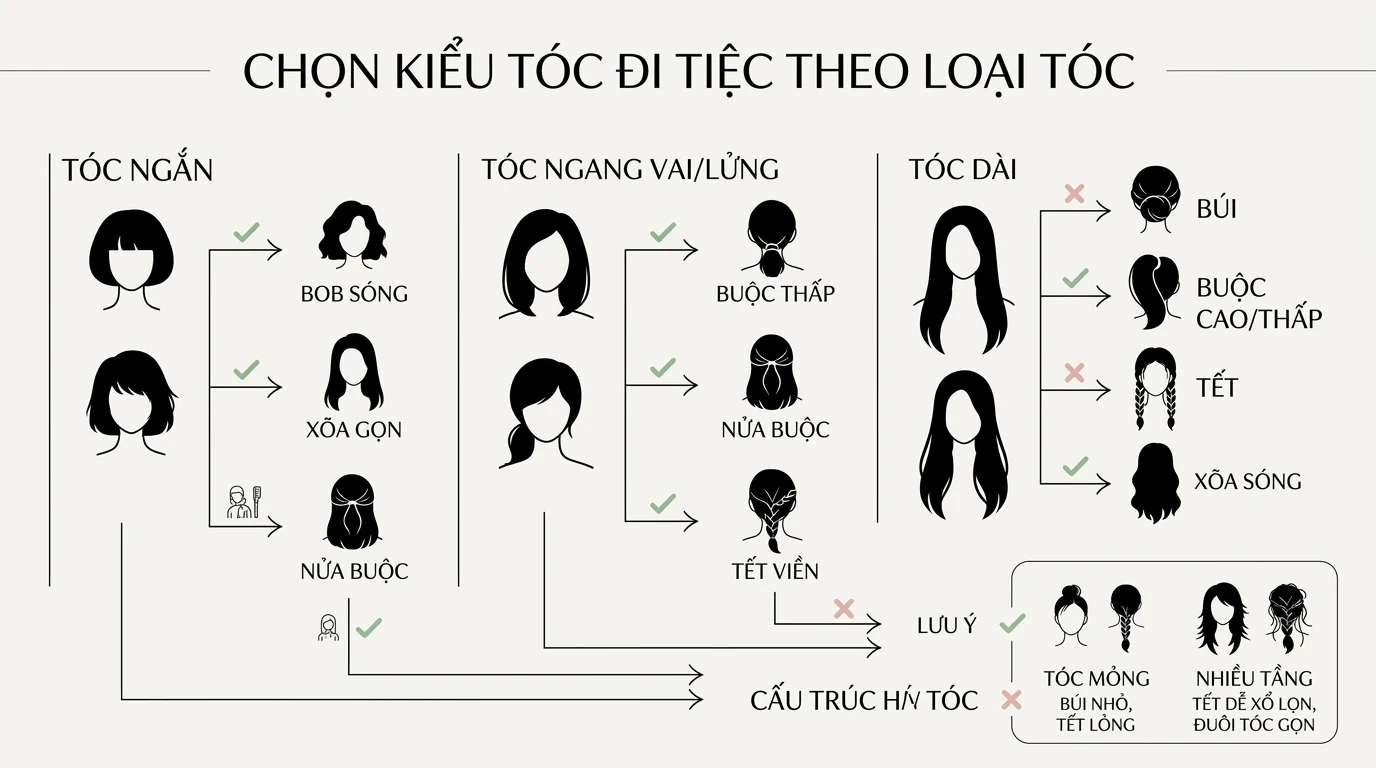 Sơ đồ chọn các kiểu tóc đi tiệc sang trọng theo độ dài tóc, với biểu tượng tóc ngắn, ngang vai và tóc dài cùng các kiểu phù hợp.