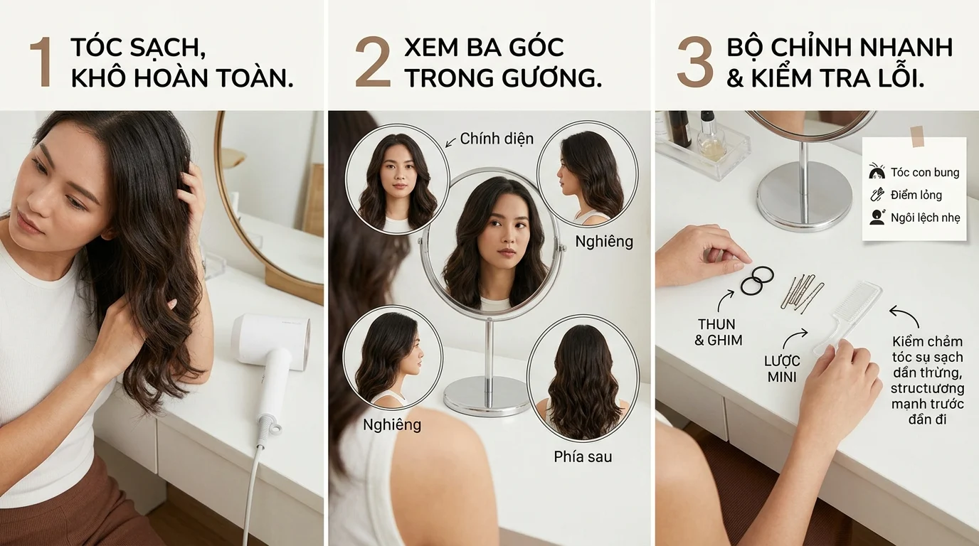 Người phụ nữ chỉnh tóc trước gương, cạnh bàn có lược mini, ghim và dây thun để kiểm tra các kiểu tóc đi tiệc sang trọng.