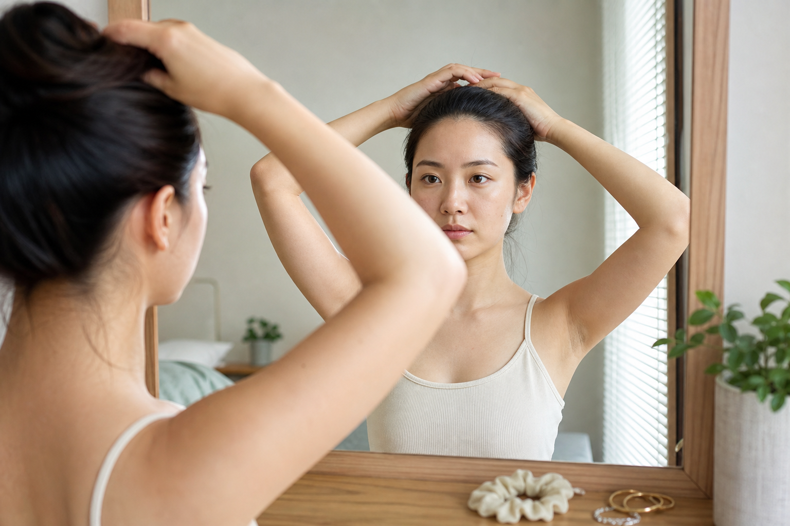 Người phụ nữ đứng trước gương và giữ tóc gọn lại khi quan sát khuôn mặt để cách xác định khuôn mặt