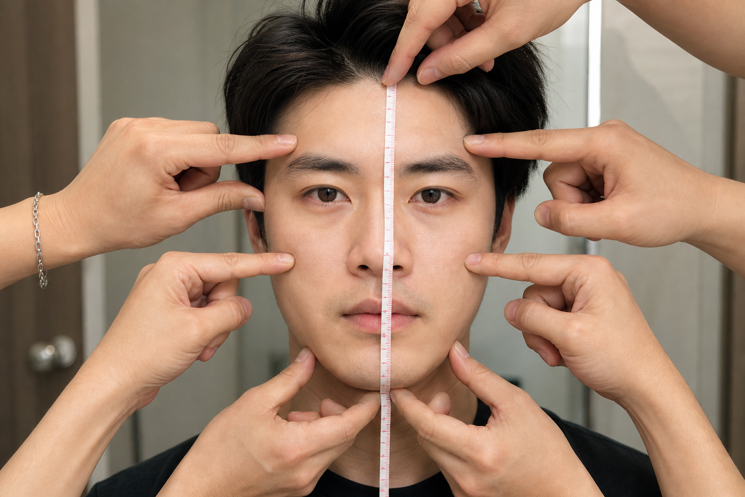 Một người được nhiều bàn tay dùng thước đo và chỉ vào các điểm trên khuôn mặt, minh họa cách xác định khuôn mặt