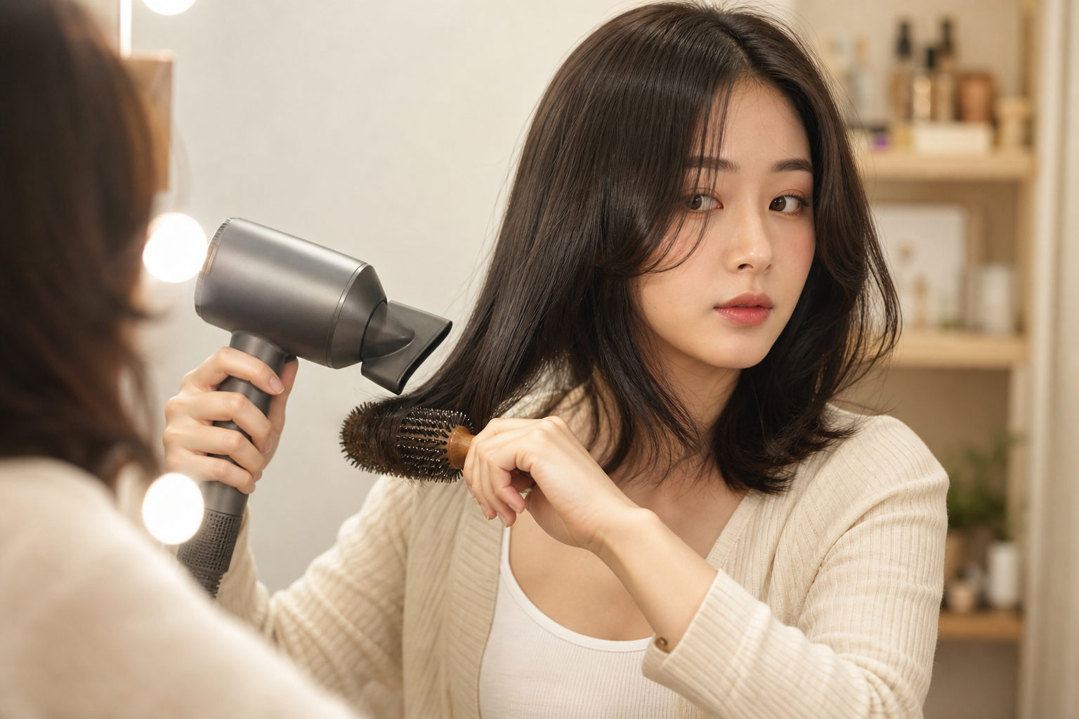 Người phụ nữ đang sấy tóc bằng máy sấy tóc và lược tròn trước gương trong phòng trang điểm.