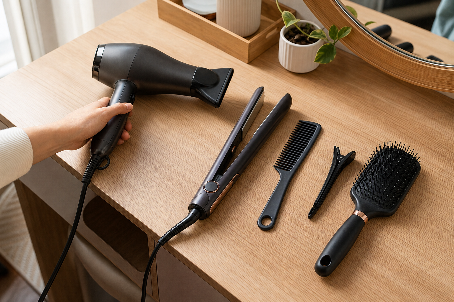 Một bàn tay cầm máy sấy tóc cạnh máy kẹp duỗi, lược, kẹp tóc và bàn chải trên bàn gỗ