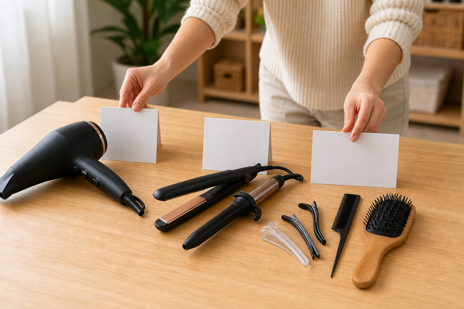 Người phụ nữ đặt các thẻ trắng cạnh máy sấy, máy uốn và lược tóc trên bàn gỗ trong phòng sáng