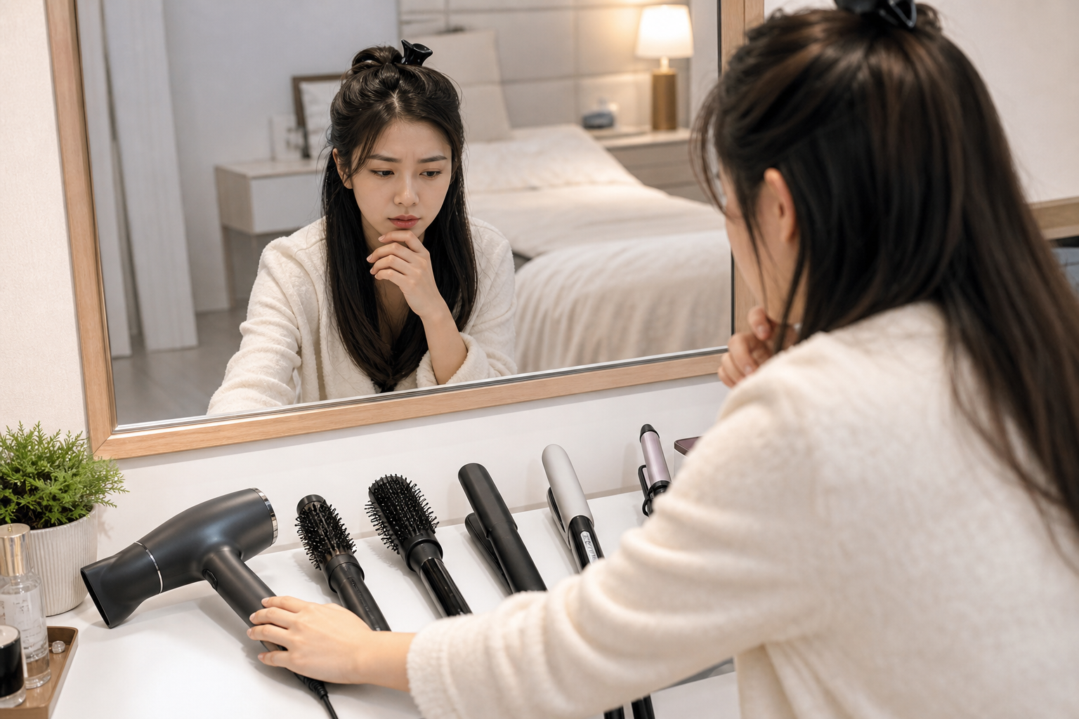 Người phụ nữ soi gương và cân nhắc dụng cụ tóc đặt trên bàn trong phòng ngủ