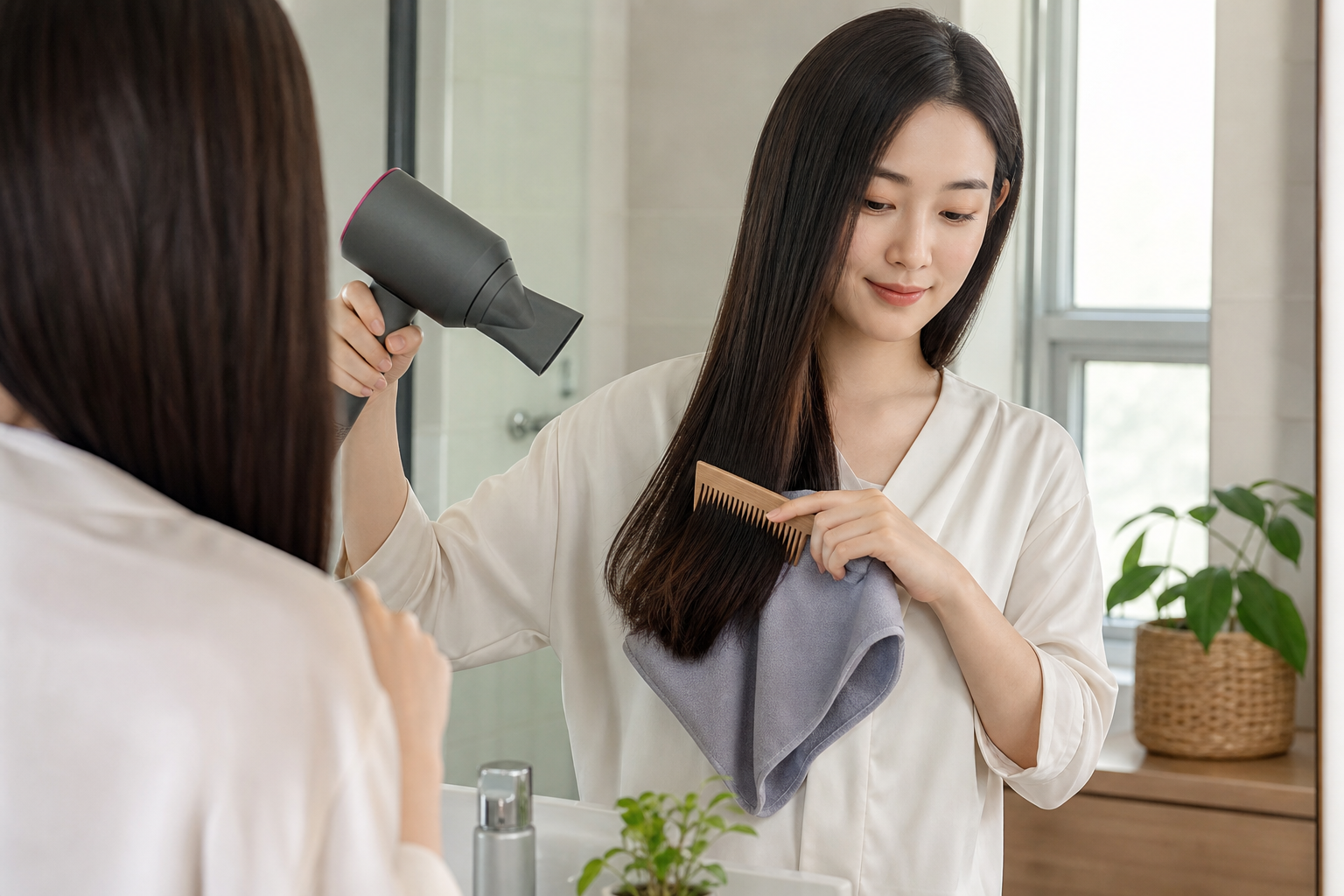 Người phụ nữ sấy nhẹ và chải tóc bằng lược trước gương trong phòng tắm sáng sủa