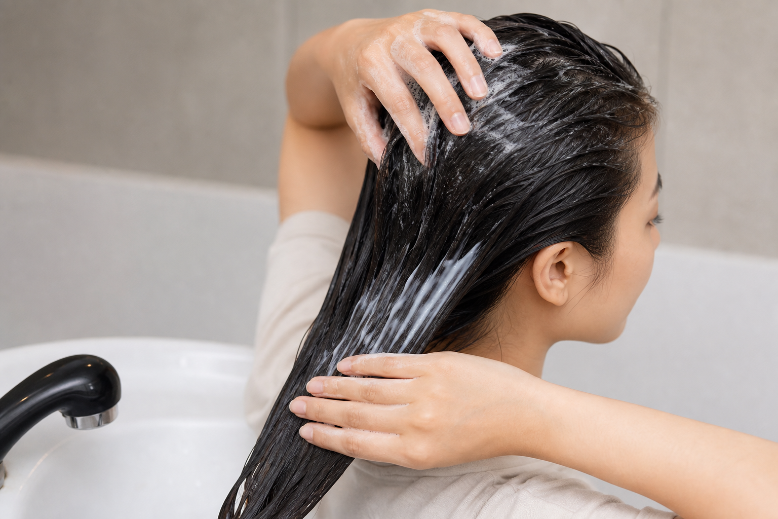 Người phụ nữ đang thoa dầu xả lên phần thân và ngọn tóc ướt trong lúc gội đầu tại bồn rửa.