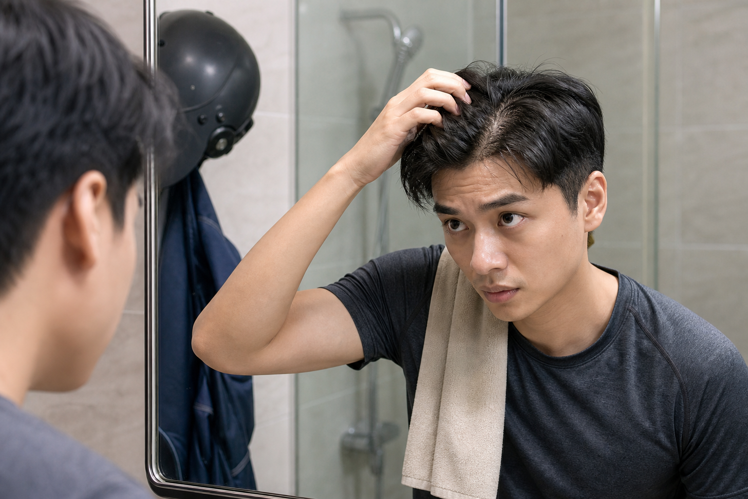Người đàn ông soi gương và dùng tay kiểm tra da đầu, với khăn tắm vắt trên vai trong phòng tắm