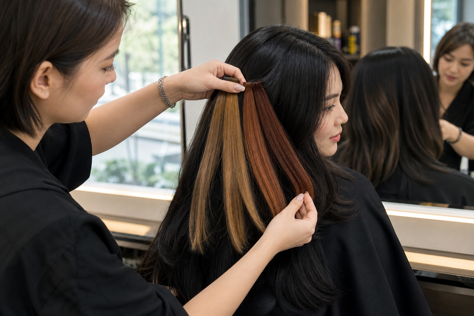 Thợ làm tóc đang giơ các lọn tóc highlight màu nâu vàng và nâu đồng trên nền tóc đen của khách trong salon.