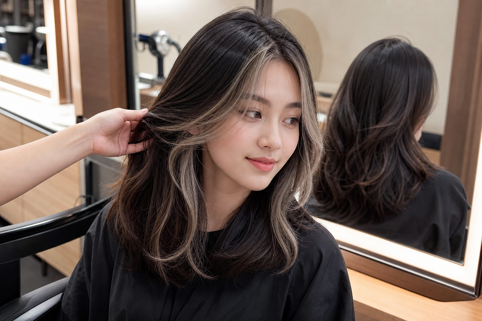 Người phụ nữ ngồi trong salon với tóc highlight sáng quanh mặt, một tay đang chỉnh lọn tóc bên má.