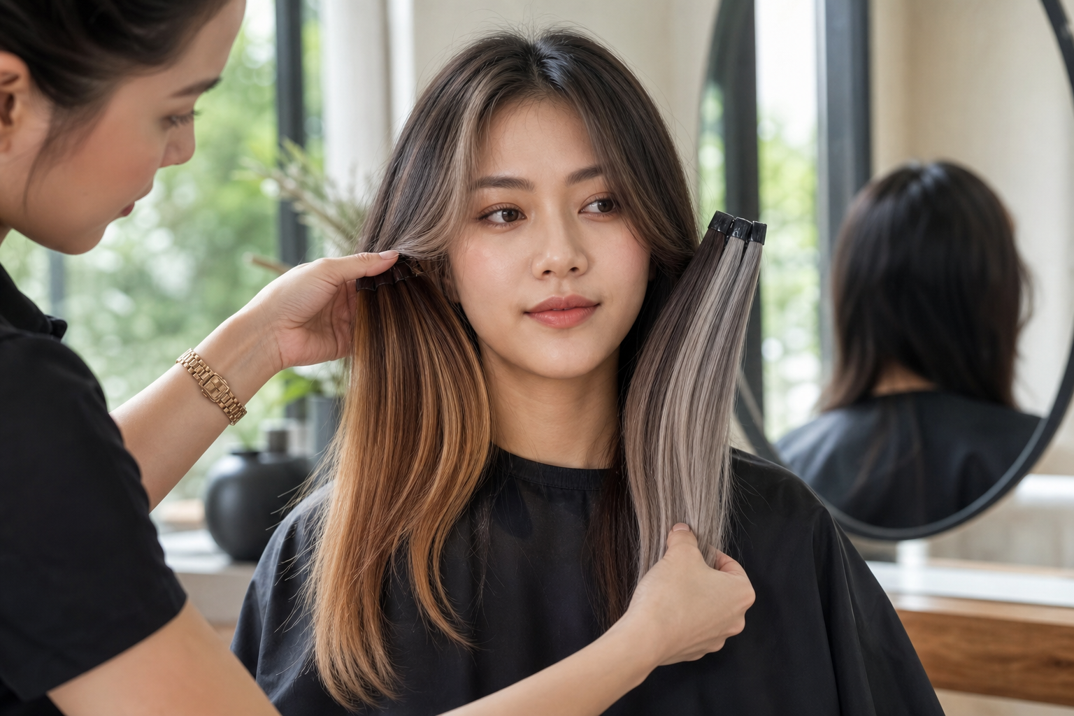 Tóc highlight được chia thành hai lọn màu khác nhau khi thợ tóc đang so sánh trên gương mặt khách trong salon