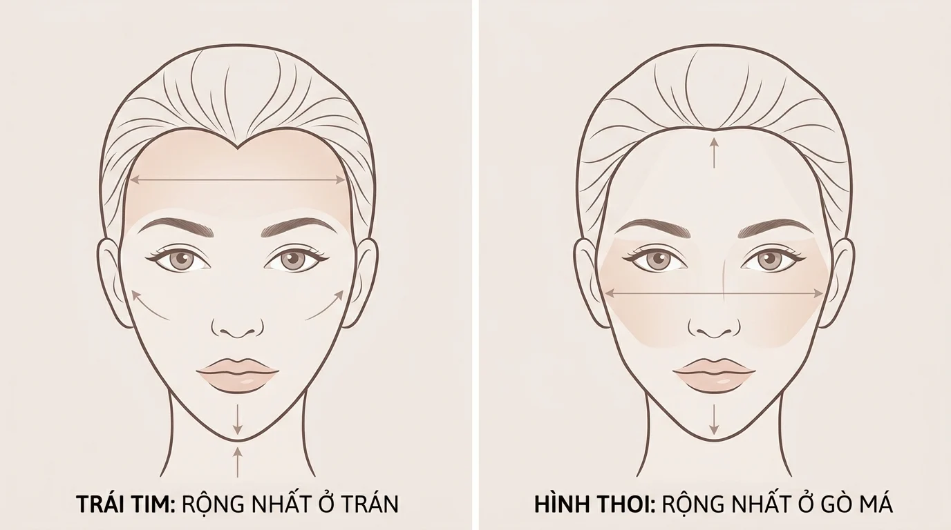 Sơ đồ so sánh các dáng mặt với khuôn mặt trái tim và mặt hình thoi, đánh dấu vị trí rộng nhất ở trán và gò má.