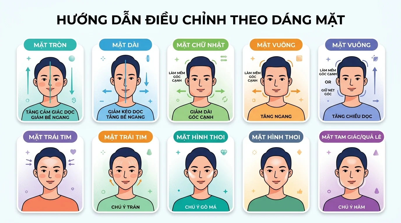 Infographic các dáng mặt với các khuôn mặt minh họa và mũi tên hướng dẫn tăng hoặc giảm cảm giác dọc, ngang, làm mềm góc cạnh.