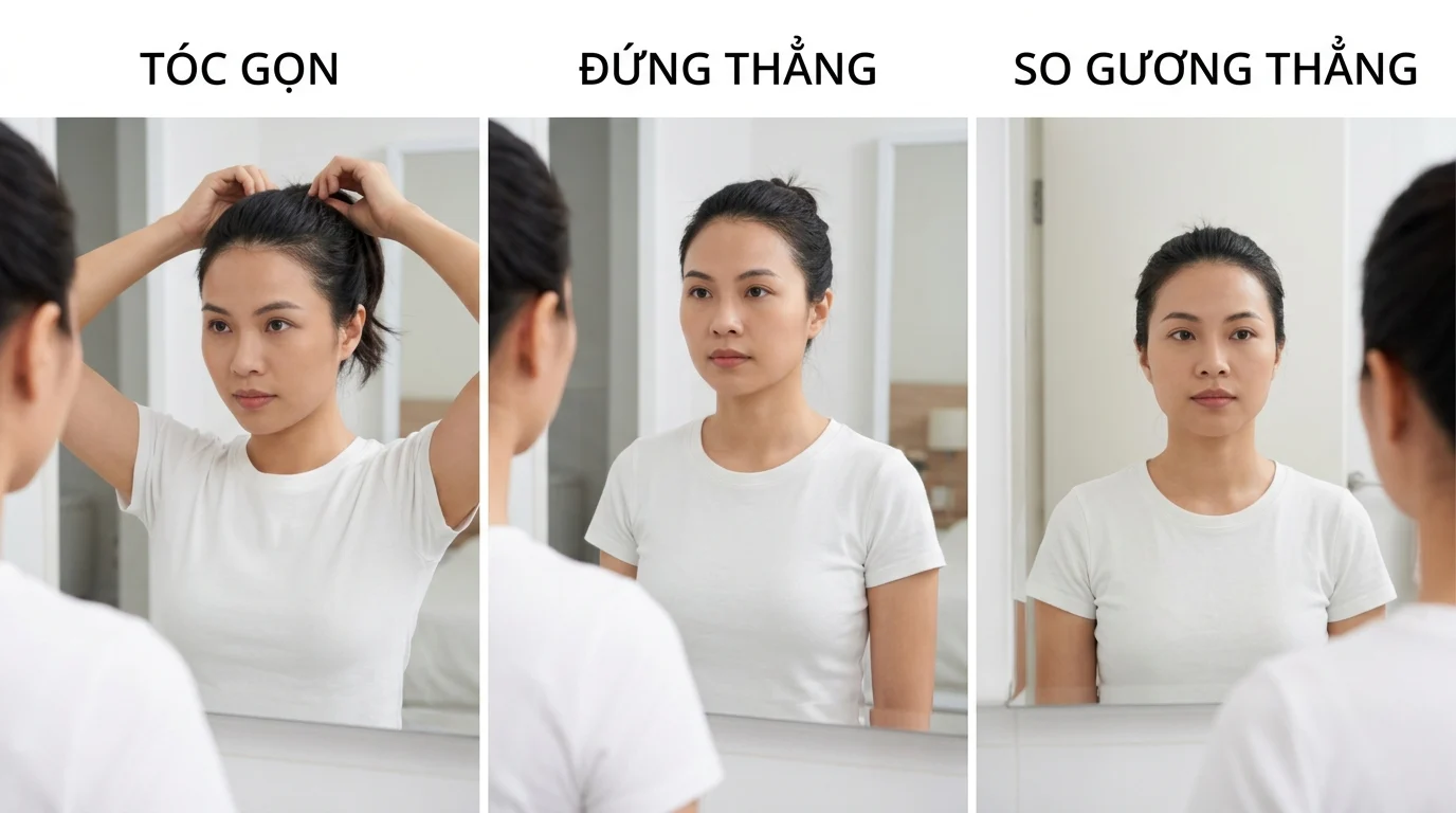 Người phụ nữ đứng trước gương, buộc tóc gọn, đứng thẳng để quan sát khuôn mặt rõ hơn khi cách xác định khuôn mặt tại nhà.
