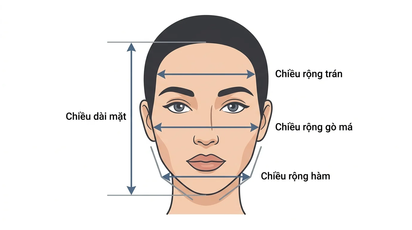 Sơ đồ khuôn mặt với các mốc cách xác định khuôn mặt gồm chiều dài mặt, chiều rộng trán, gò má và hàm.