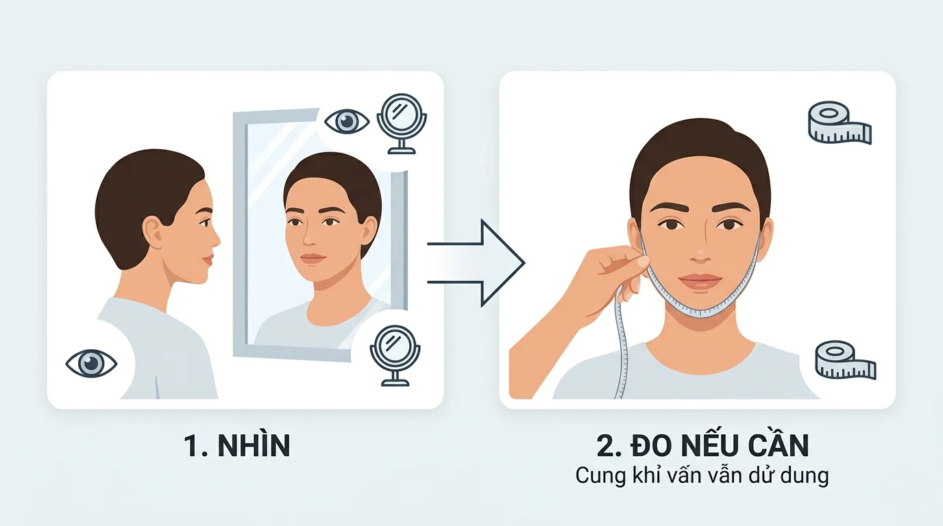 Minh họa cách xác định khuôn mặt bằng việc nhìn gương rồi đo bằng thước dây khi cần