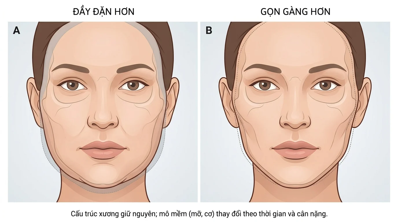 Minh họa khuôn mặt người phụ nữ trong hai trạng thái đầy đặn hơn và gọn gàng hơn, cho thấy cách xác định khuôn mặt qua thay đổi mô mềm.