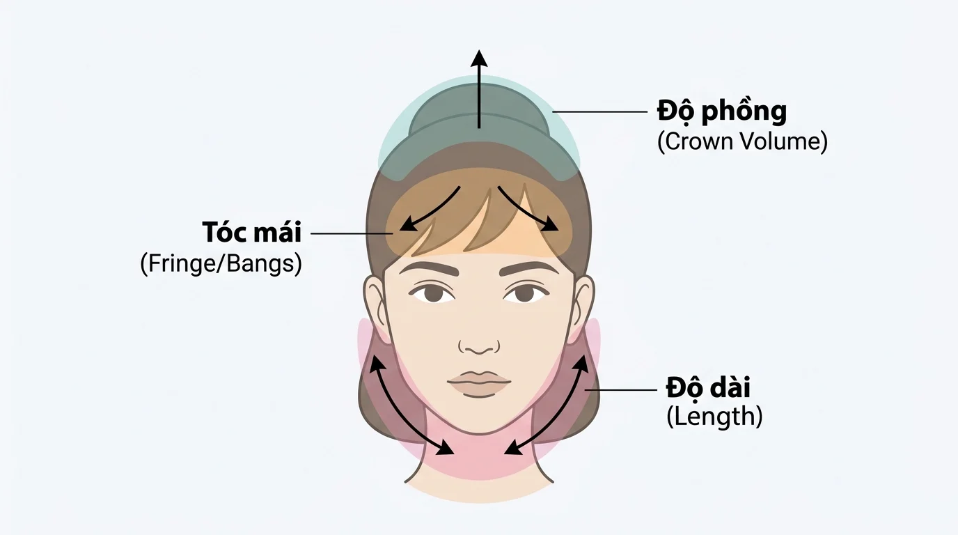 Sơ đồ khuôn mặt với các mũi tên chỉ độ phồng, tóc mái và độ dài trong cách xác định khuôn mặt.