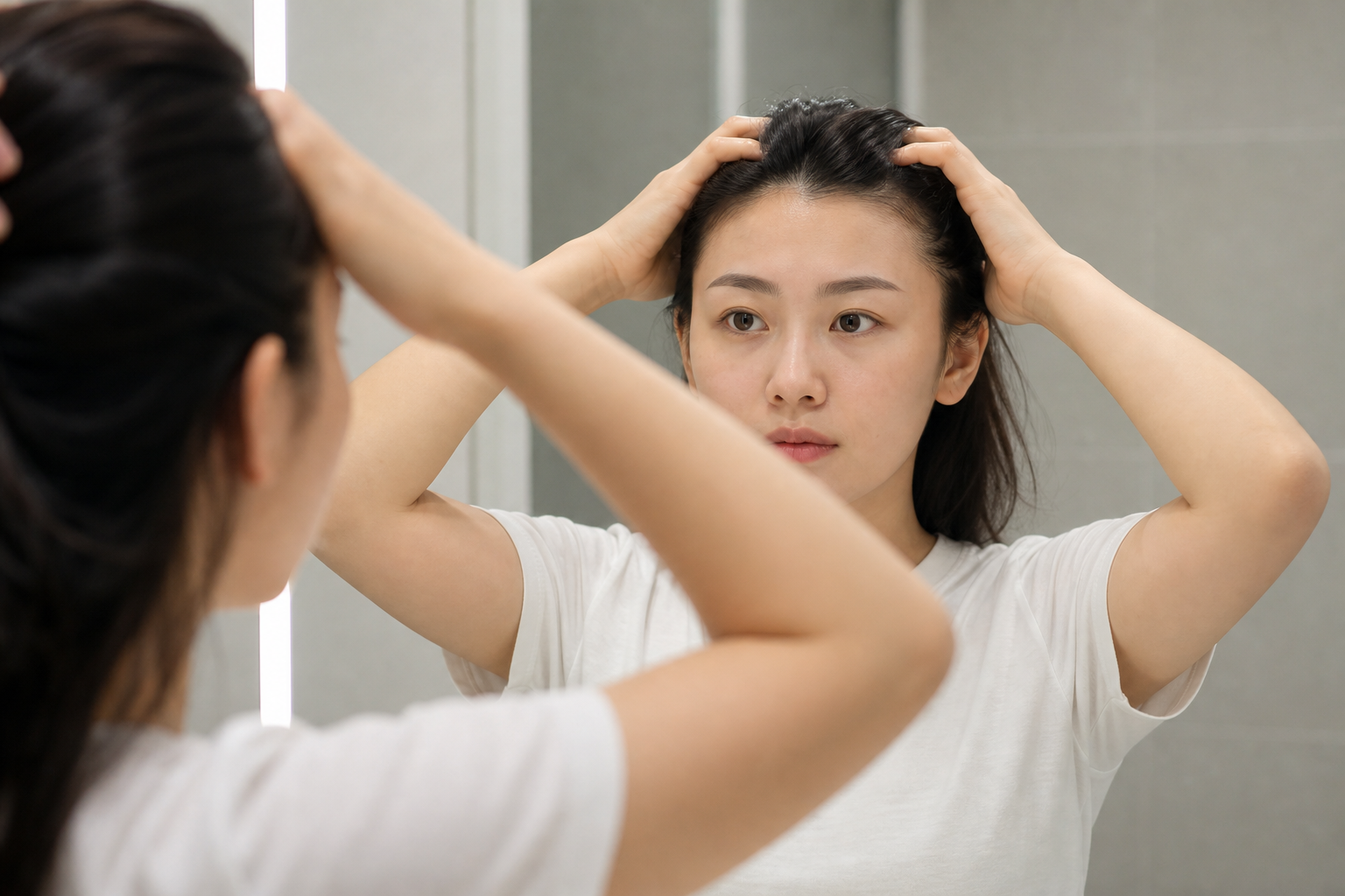 Người phụ nữ đứng trước gương, dùng tay vén tóc và quan sát khuôn mặt của mình trong phòng tắm