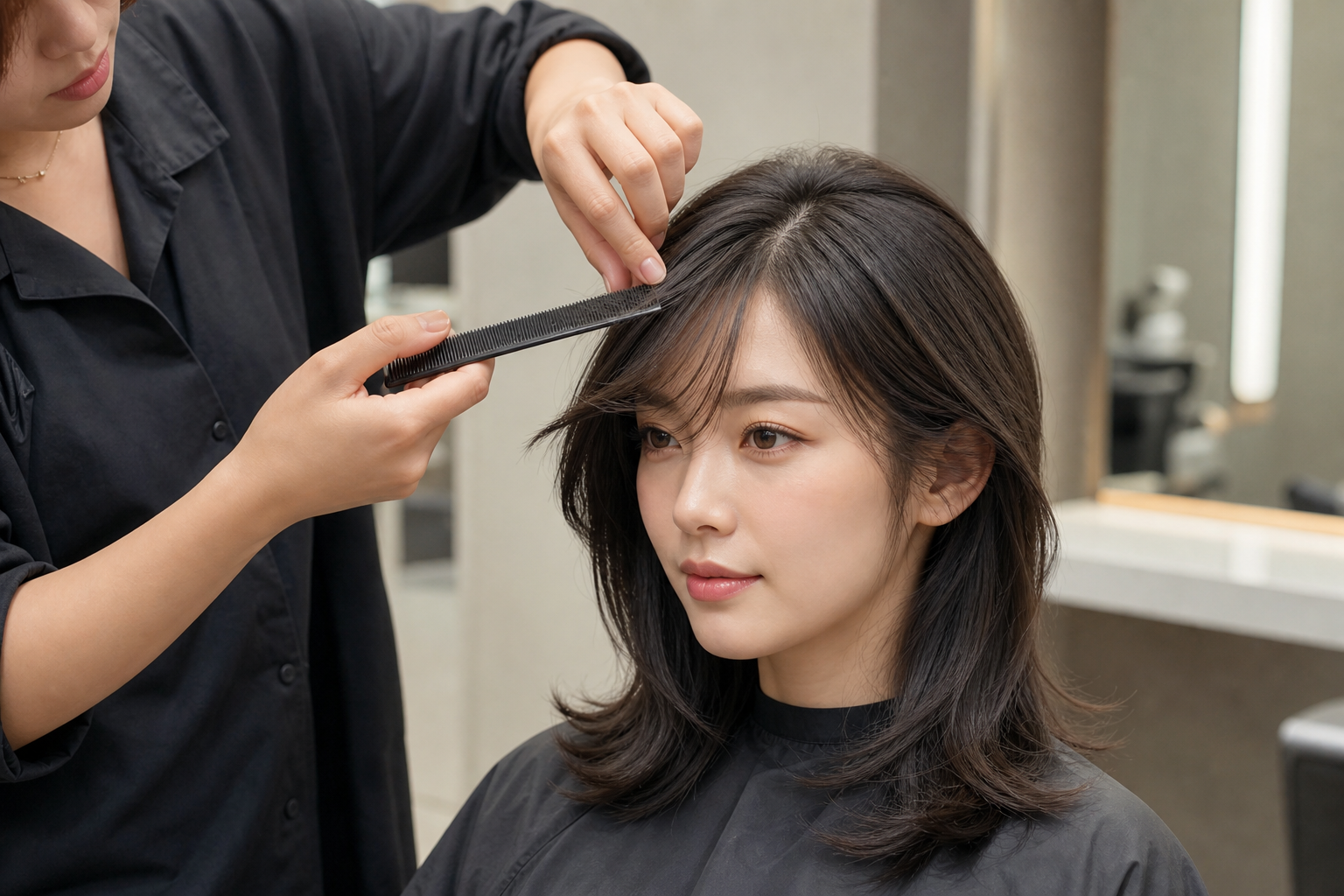 Thợ làm tóc đang dùng lược chỉnh mái cho khách nữ trong salon, tạo ngôi tóc ở phần đỉnh đầu.