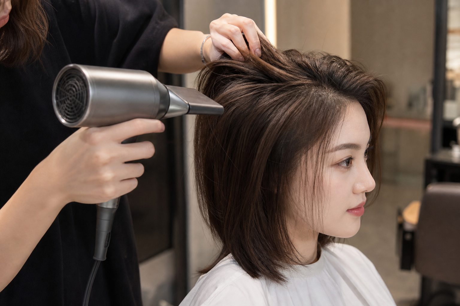 Thợ làm tóc dùng máy sấy nâng phần tóc trên đỉnh đầu của một phụ nữ trong salon, tạo độ phồng quanh khuôn mặt