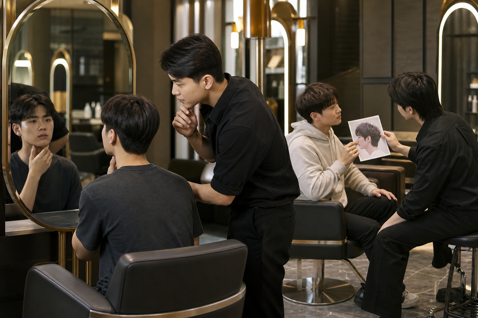 Hai nam giới đang xem khuôn mặt và kiểu tóc trong gương tại salon tóc hiện đại.