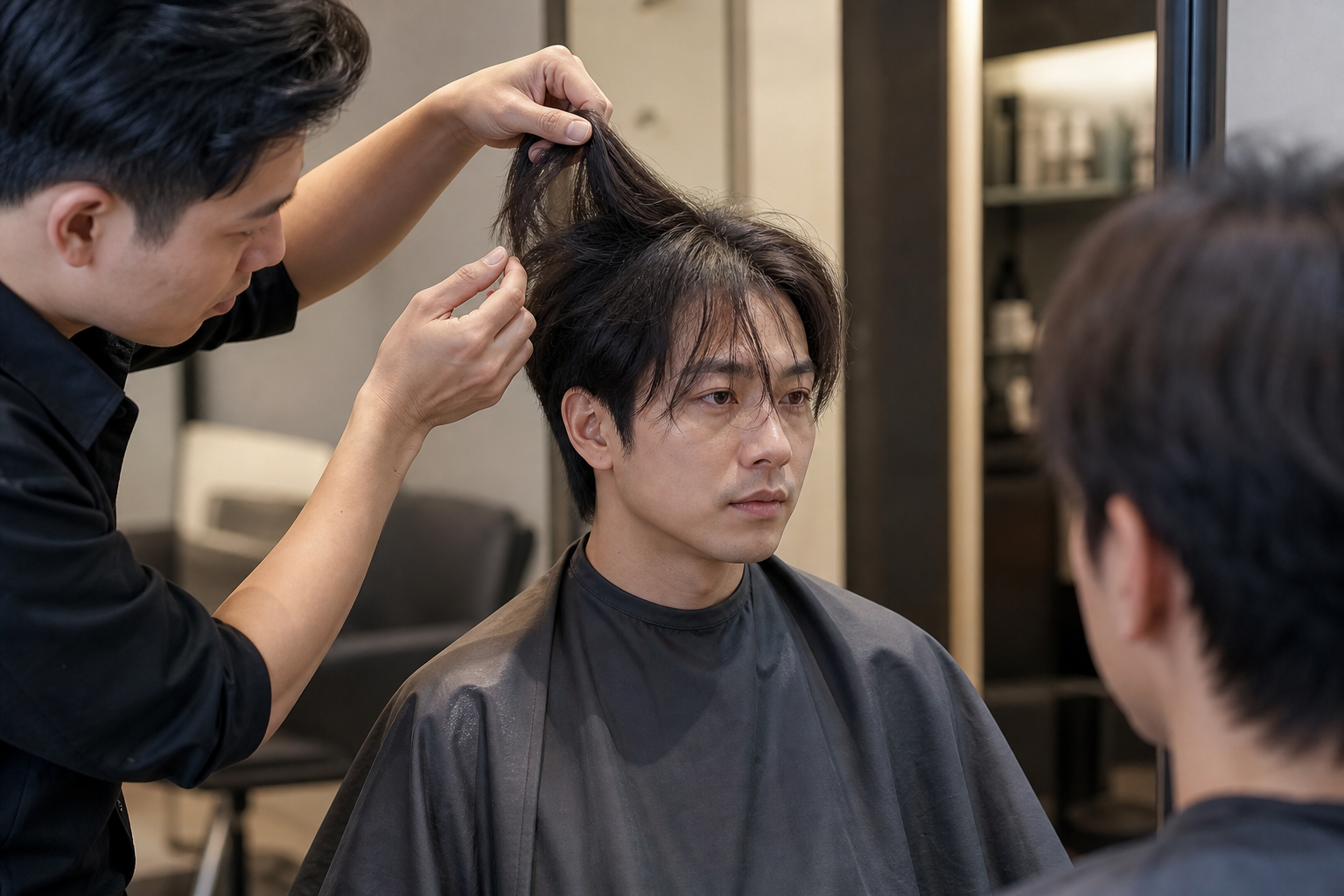Thợ cắt tóc đang nâng phần tóc của khách nam trong salon, cho thấy kiểu tóc và độ dày tóc quanh khuôn mặt.