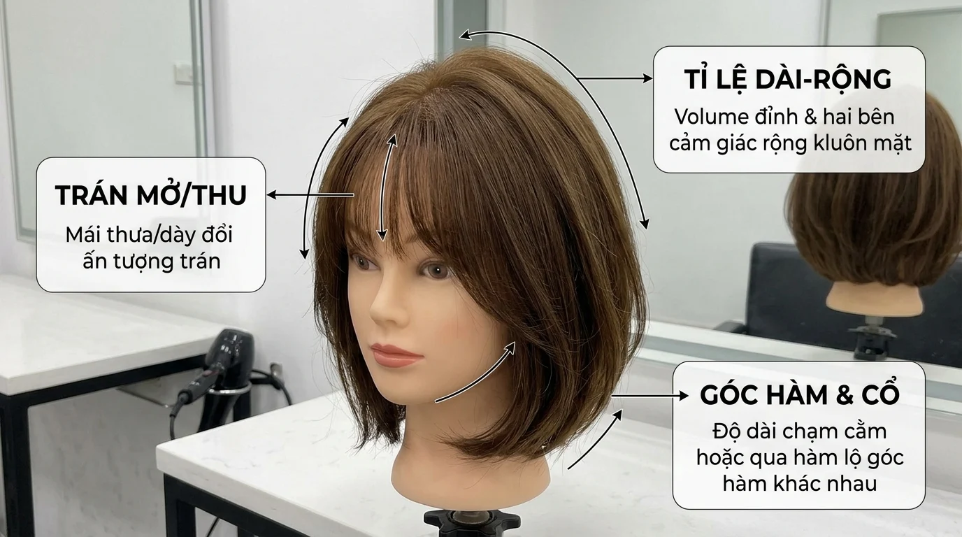 Đầu mannequin tóc ngắn nâu trong phòng salon, kèm các chú thích về trán, tỷ lệ dài-rộng và góc hàm, cổ.