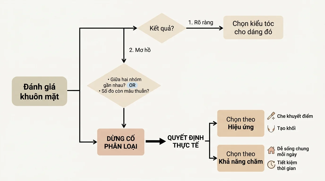 Sơ đồ đánh giá khuôn mặt và chuyển sang chọn kiểu tóc, với các nhánh quyết định về hiệu ứng và khả năng chăm.