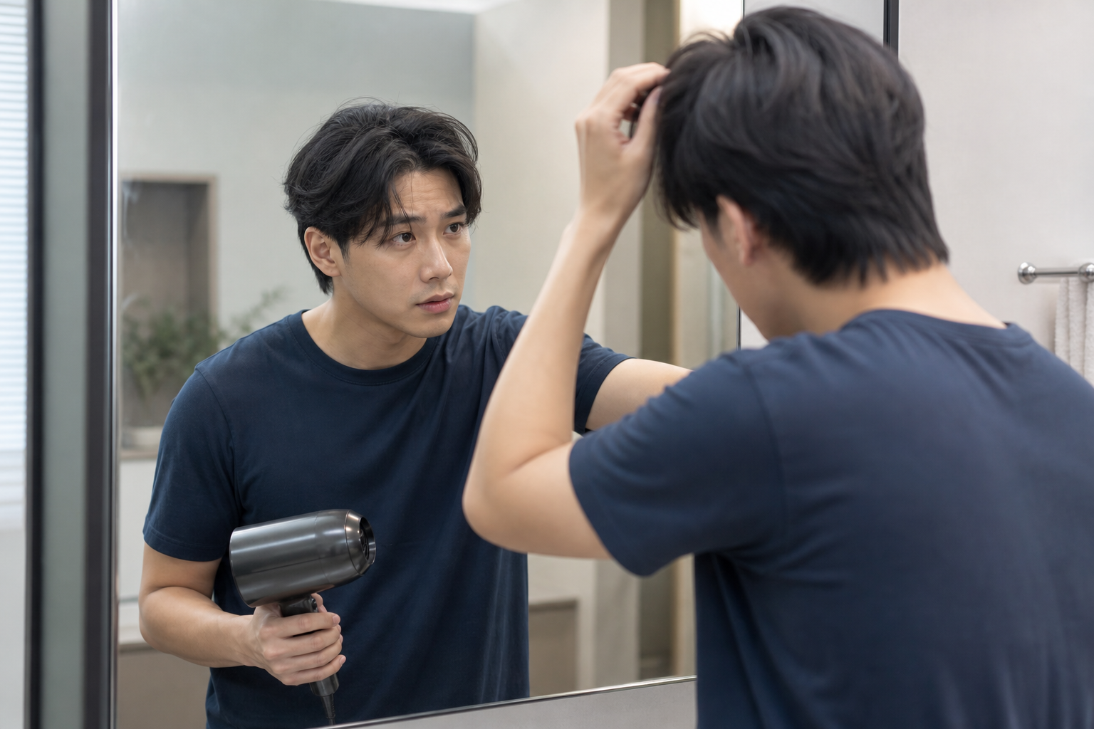 Một người đàn ông đứng trước gương, cầm máy sấy tóc và chỉnh mái tóc trong phòng tắm.