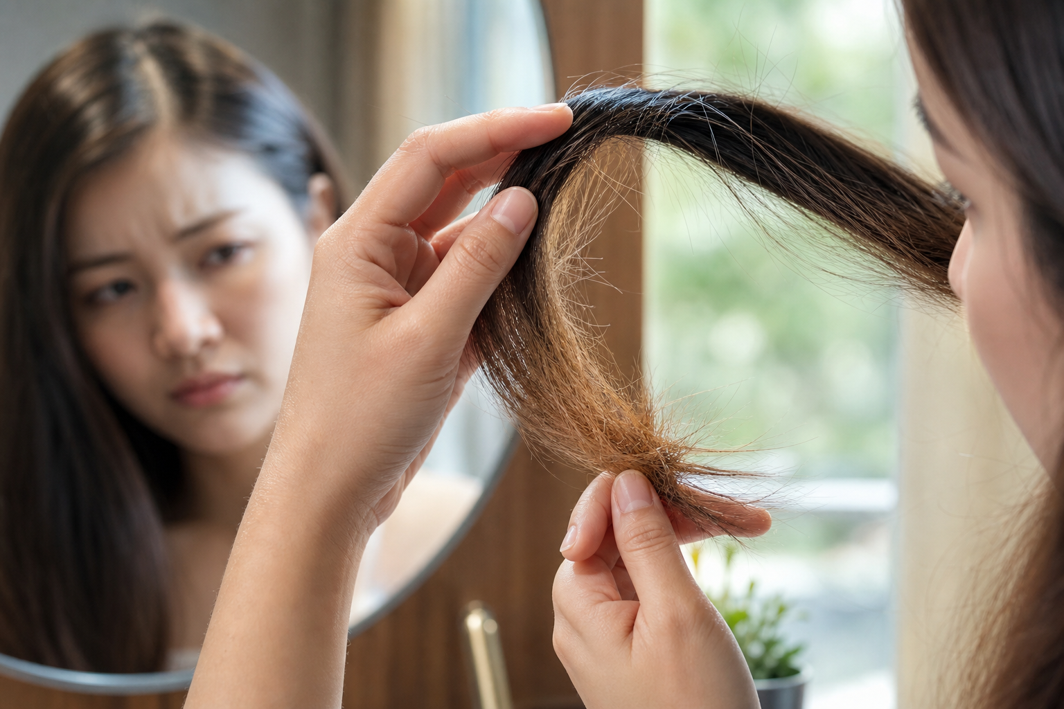 Người phụ nữ đang cầm và quan sát phần đuôi tóc khô xơ trước gương, kiểm tra tình trạng tóc