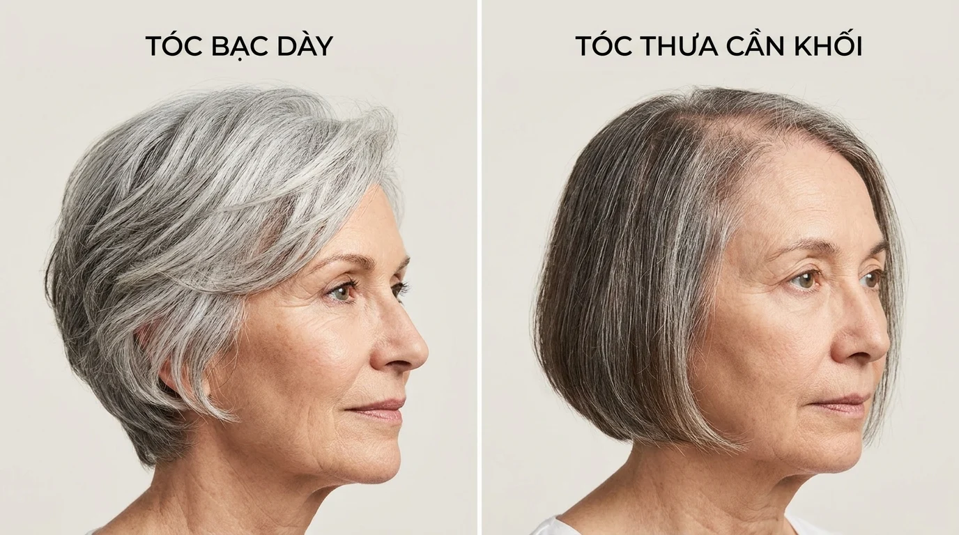 Hai chân dung phụ nữ lớn tuổi nhìn nghiêng, một bên tóc bạc dày, một bên tóc thưa cần giữ khối