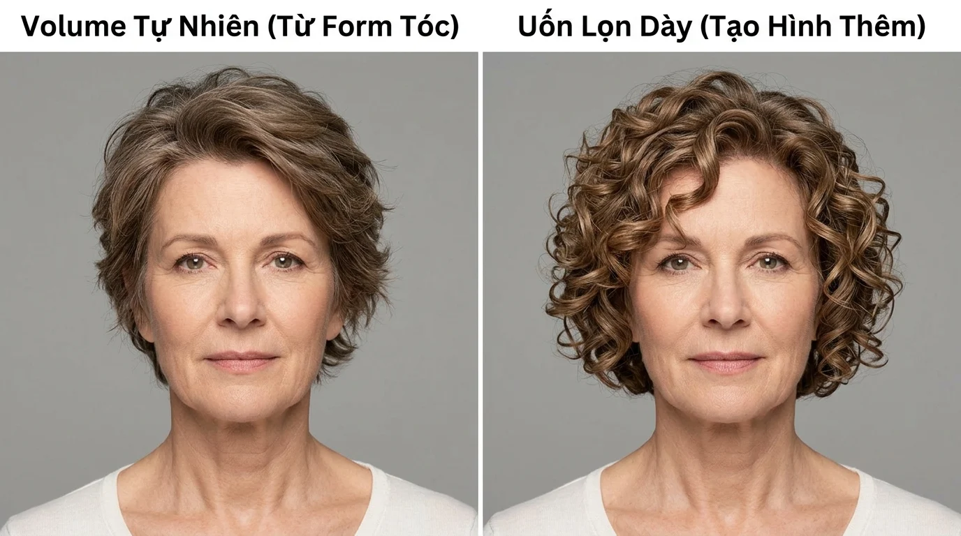 So sánh kiểu tóc cho người cao tuổi giữa tóc ngắn tự nhiên và tóc uốn lọn dày trên nền xám
