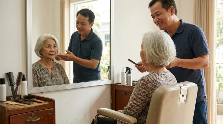 Người đàn ông đứng sau một phụ nữ lớn tuổi tóc bạc ngắn đang ngồi trước gương, cầm lược và chỉnh tóc trong phòng sáng.