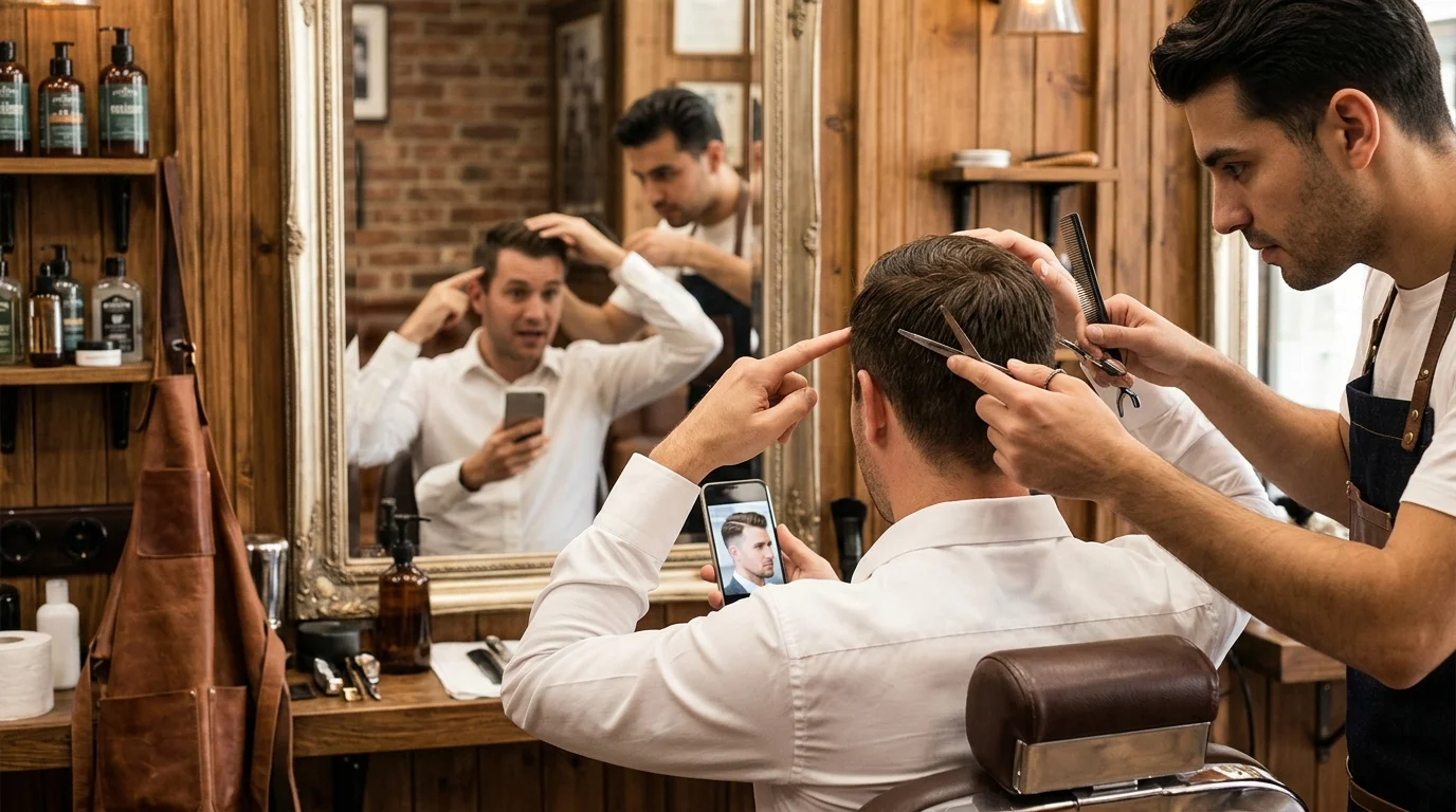 Khách nam ngồi trước gương trong tiệm cắt tóc, cầm điện thoại và chỉ vào tóc khi barber chỉnh form kiểu tóc đi làm công sở.