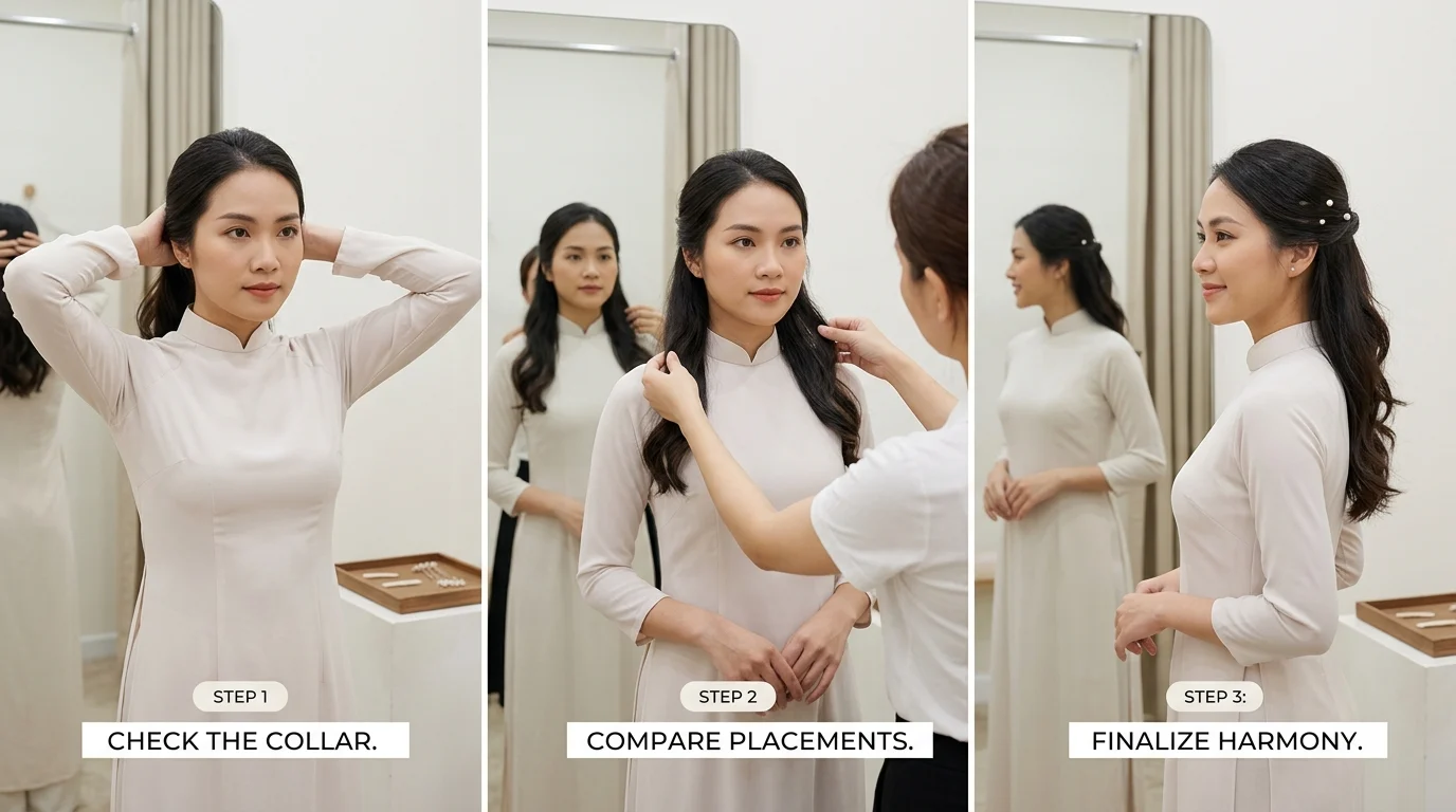 Người phụ nữ mặc áo dài trắng đang chỉnh tóc và được người khác so sánh kiểu tóc với phần cổ áo trong phòng thử đồ.