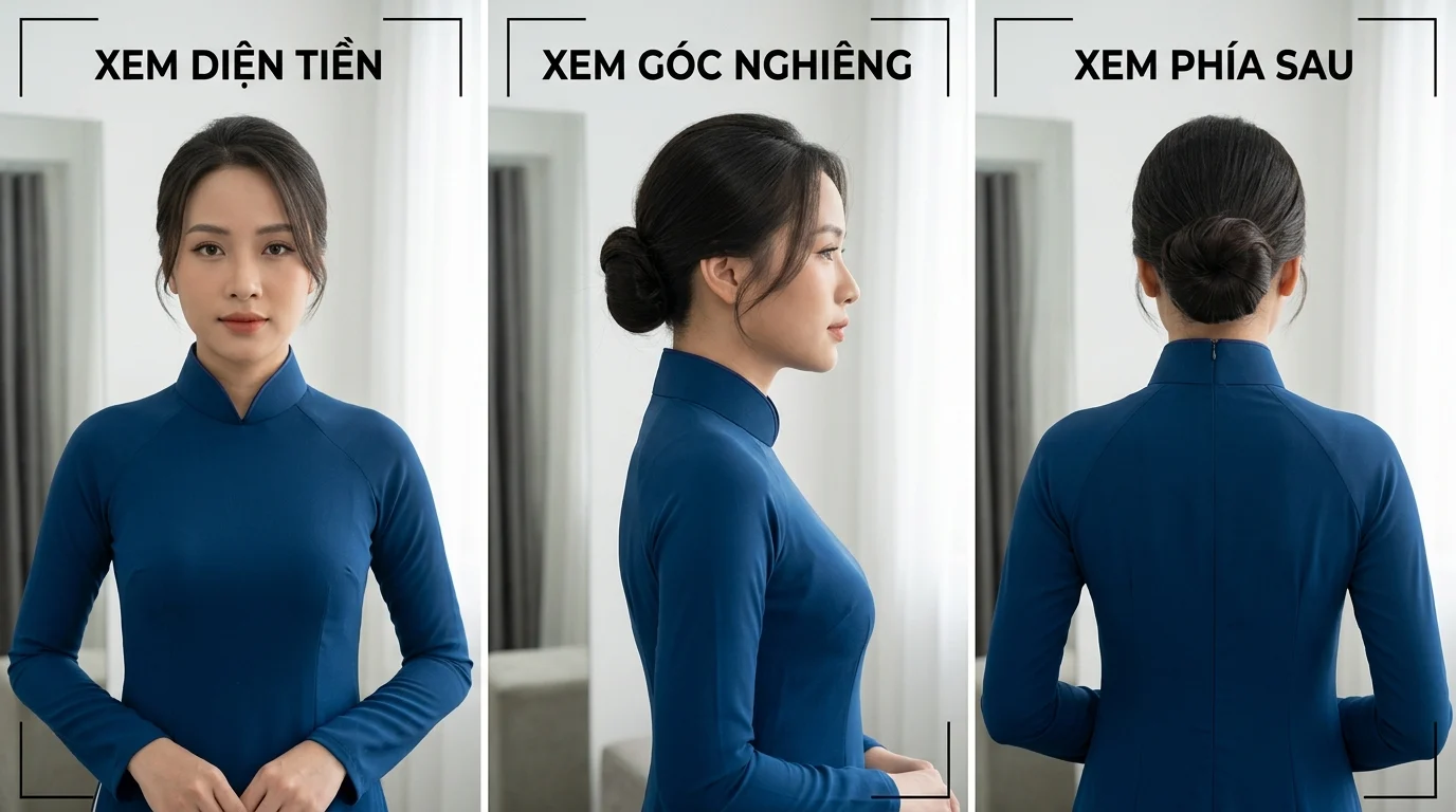 Người phụ nữ mặc áo dài xanh được chụp ba góc: chính diện, nghiêng và phía sau, với tóc búi thấp gọn.