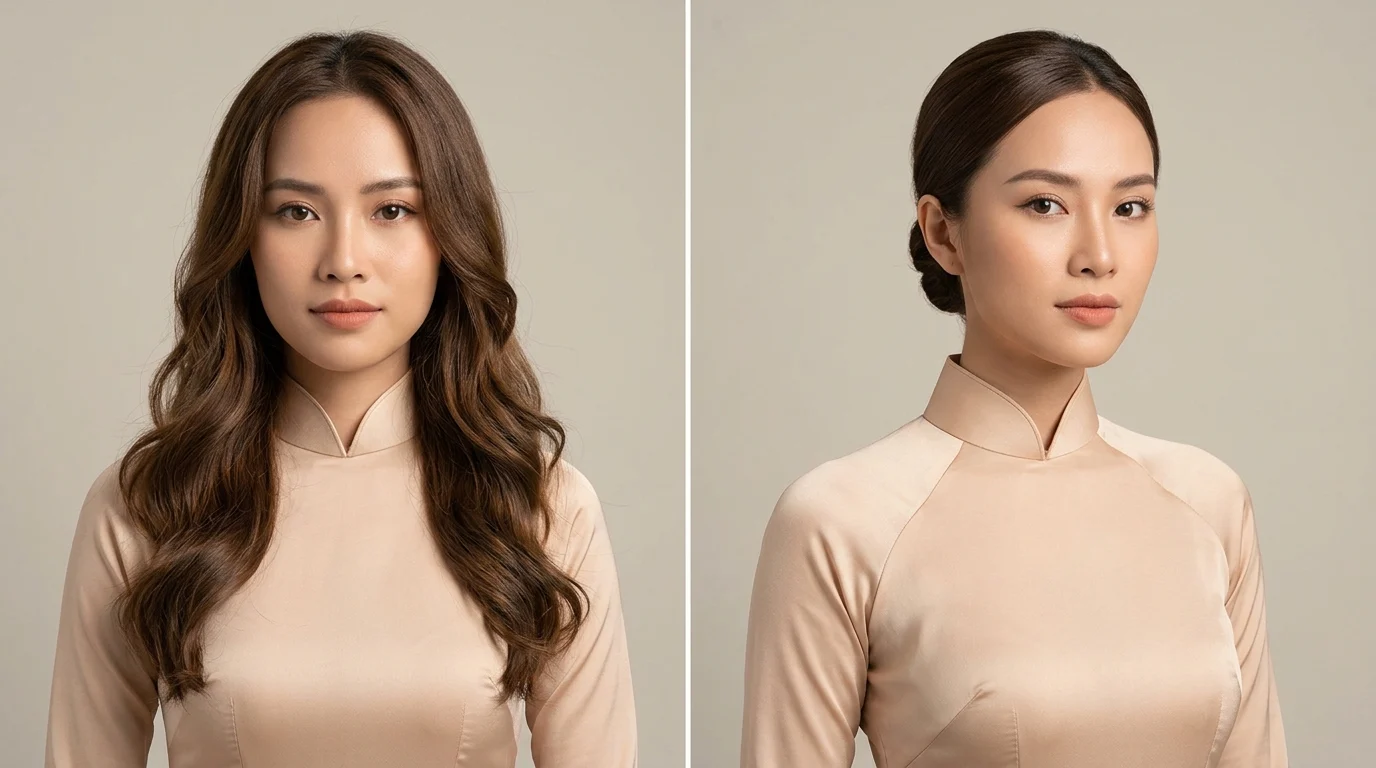 Hai phụ nữ mặc áo dài màu be với kiểu tóc khác nhau, một người để tóc xoăn phủ vai và một người búi gọn sau gáy.