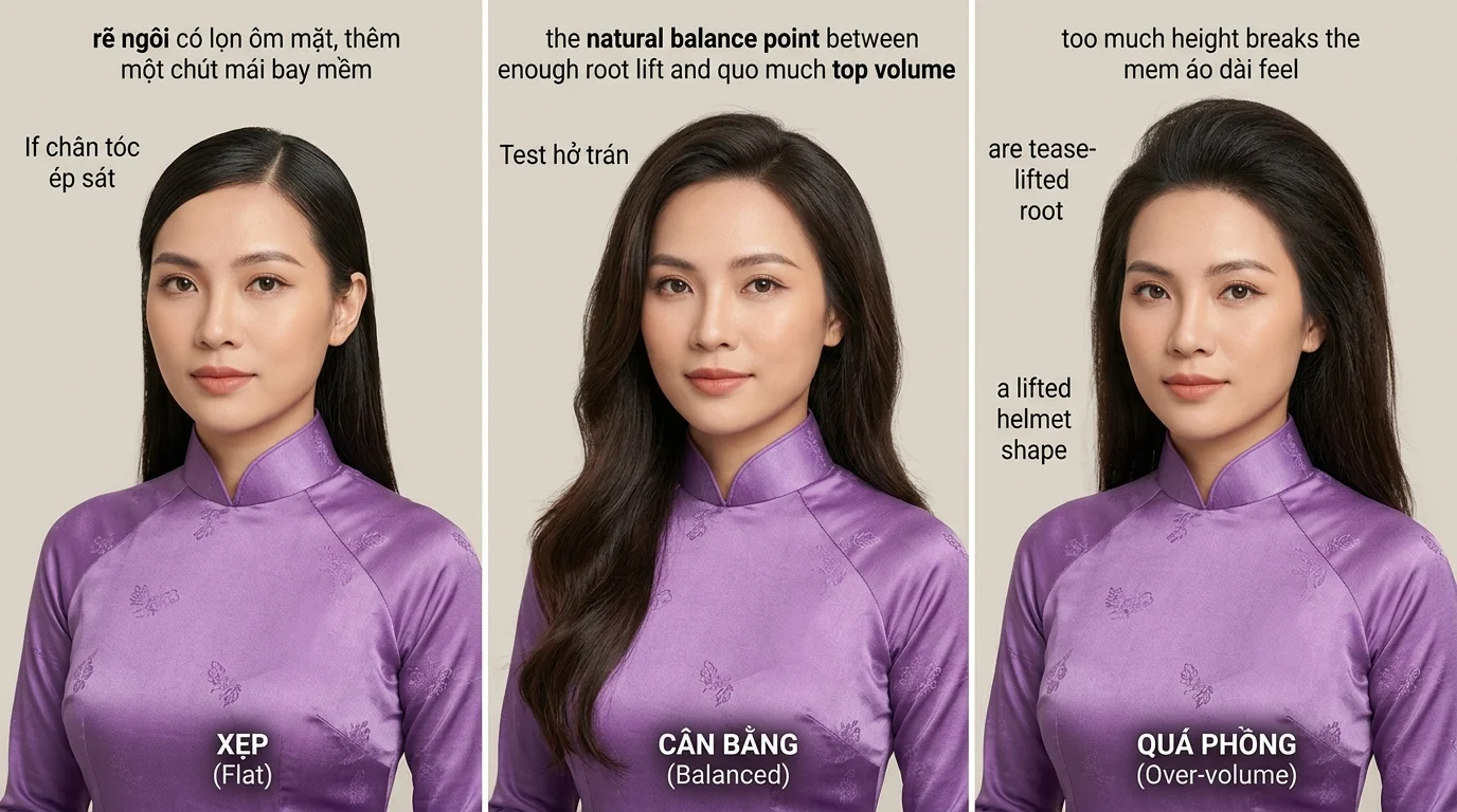 Ba kiểu tóc của một phụ nữ mặc áo dài tím, từ ép sát, cân bằng đến quá phồng, đặt cạnh nhau trên nền sáng.