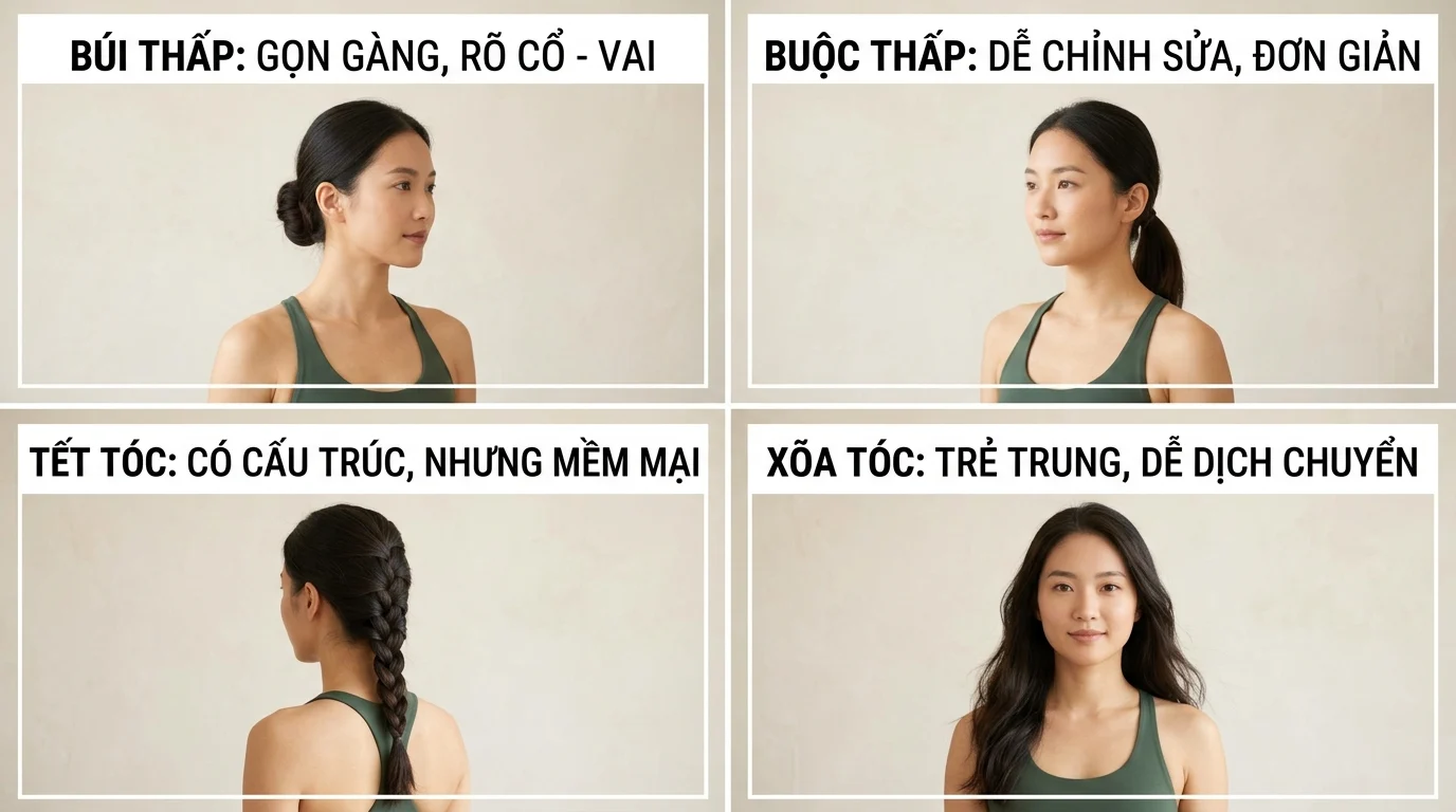 Bốn kiểu tóc buộc và búi trên cùng một người phụ nữ, gồm búi thấp, buộc thấp, tết tóc và xõa tóc.