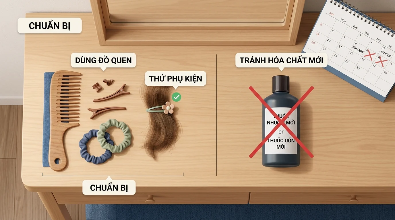 Bàn gỗ bày lược, kẹp tóc, dây buộc và một lọn tóc giả, cạnh chai thuốc tóc bị gạch chéo đỏ và lịch để bàn.