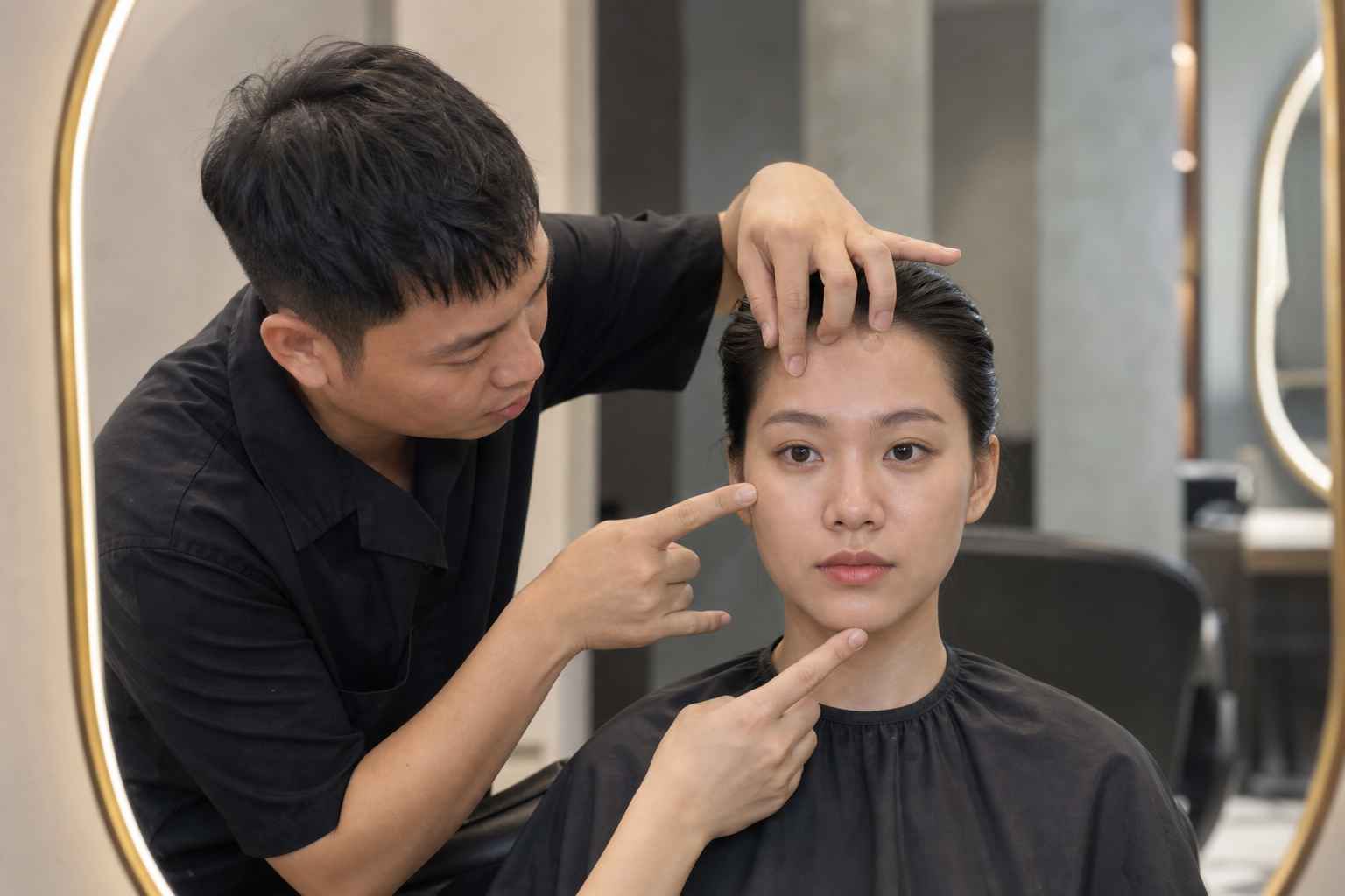 Thợ làm tóc đang dùng tay chỉ các mốc trên khuôn mặt một khách hàng ngồi trước gương trong salon.