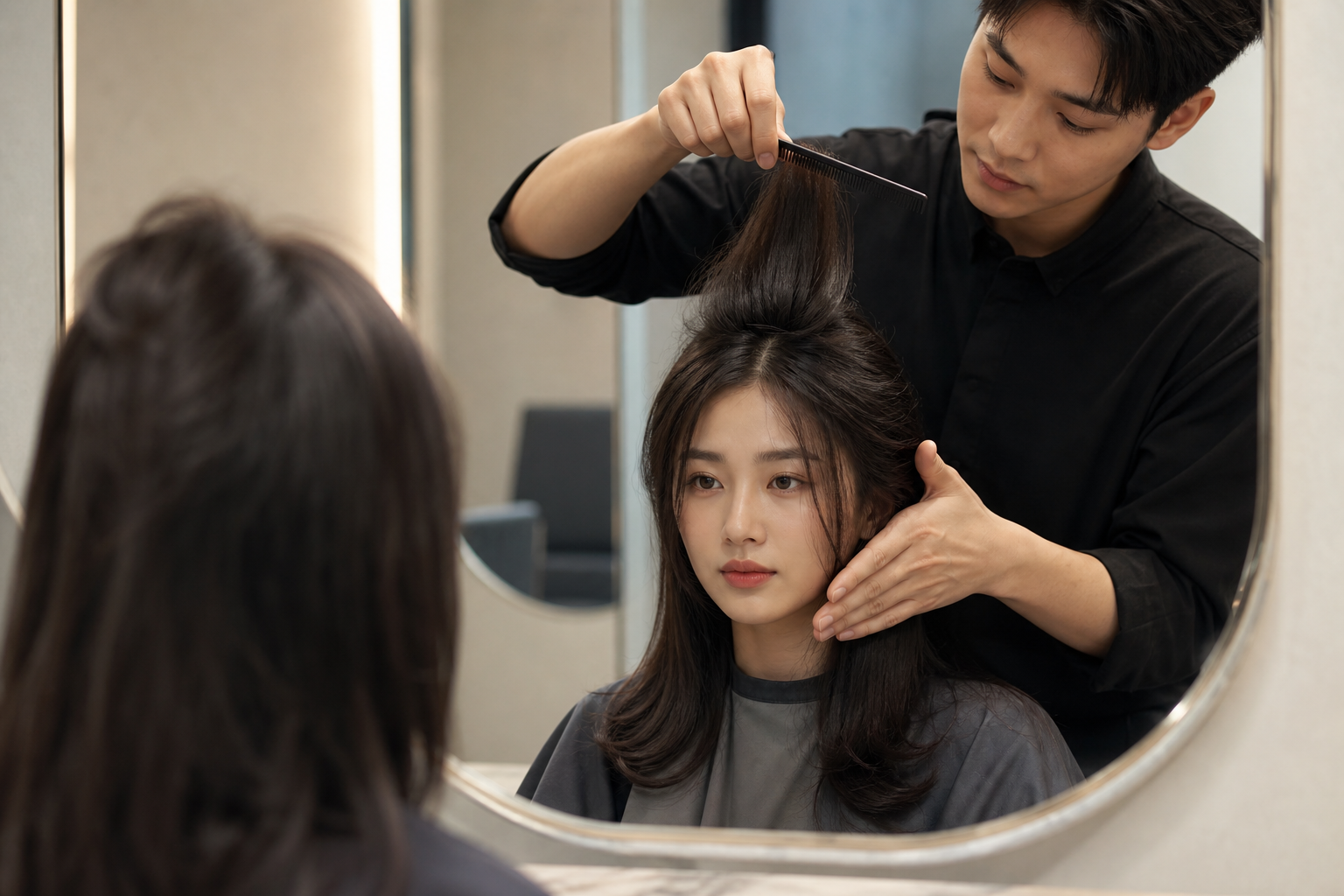 Người thợ tóc đang nâng phần tóc của một phụ nữ trước gương, minh họa kiểu tóc theo khuôn mặt với độ phồng ở đỉnh đầu.