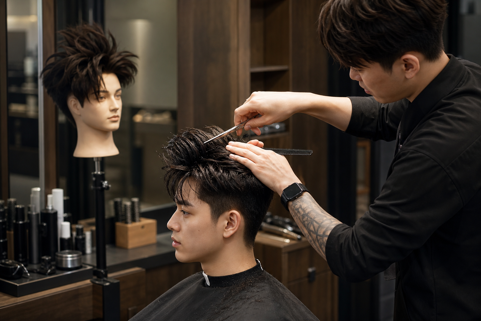 Thợ cắt tóc đang tỉa tóc cho nam khách trong tiệm, bên cạnh là manocanh tóc kiểu dựng cao.
