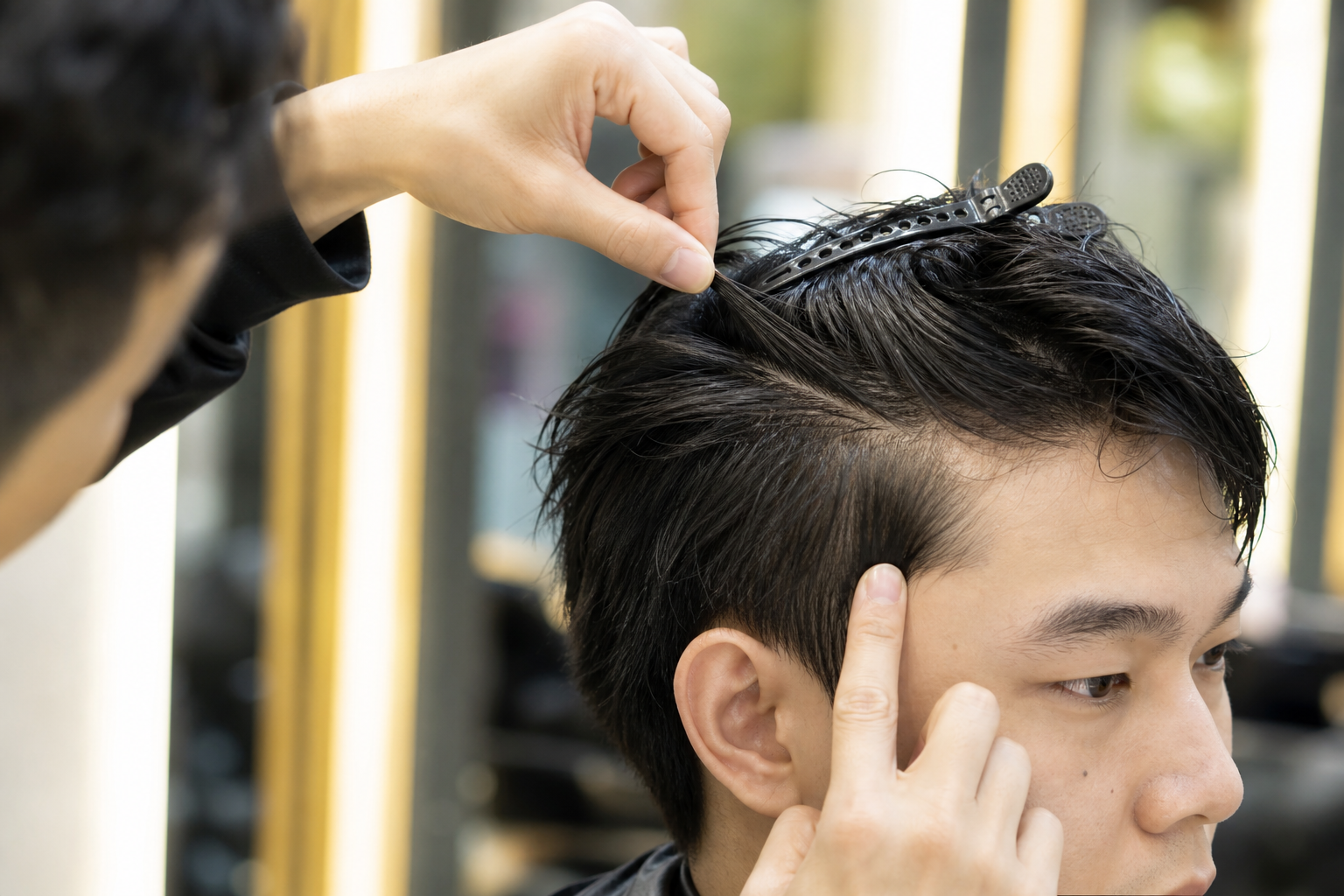 Thợ làm tóc đang kiểm tra độ dày và cách rẽ ngôi trên tóc ngắn của nam khách hàng trong salon