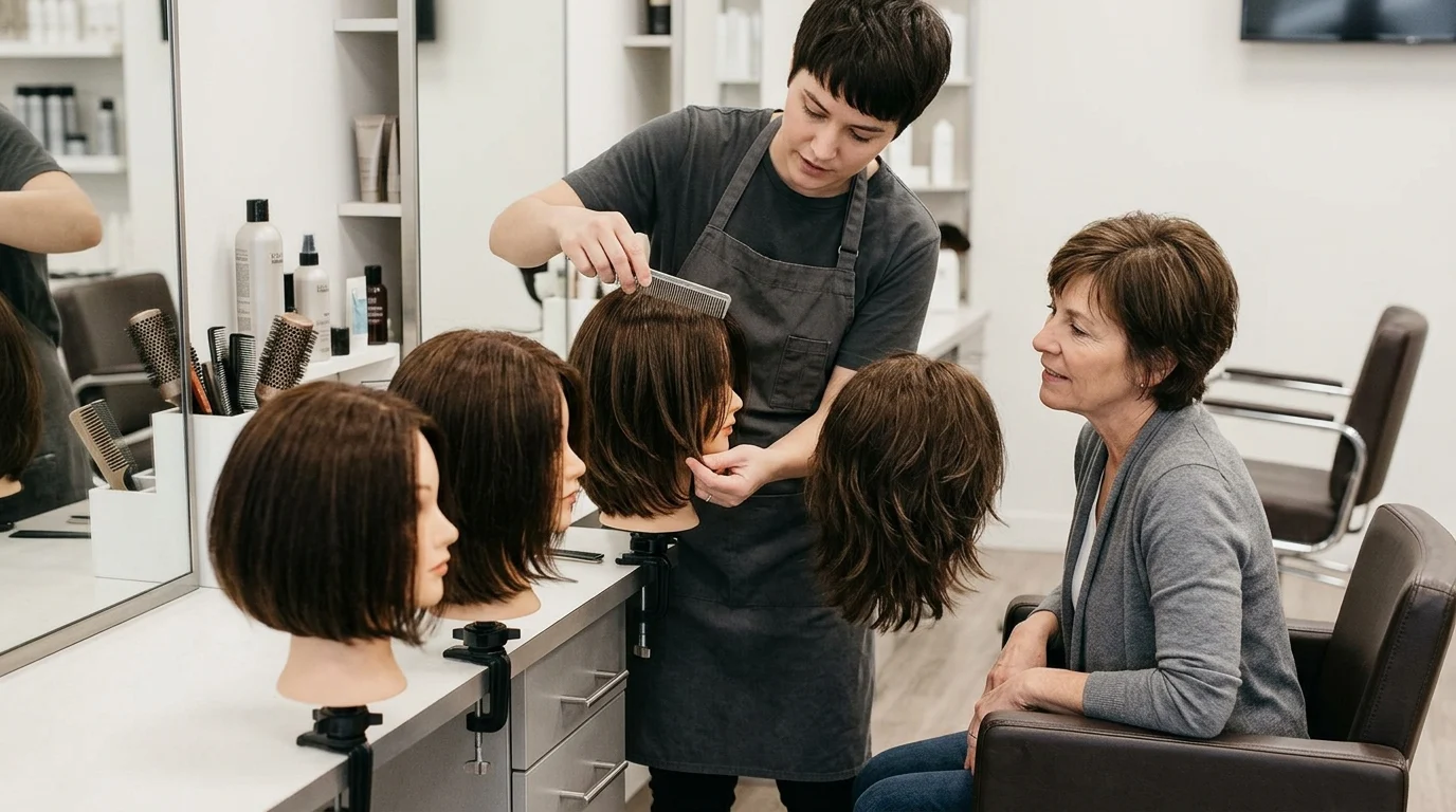 Thợ tóc đang chải và chỉnh một mẫu tóc ngắn trên manơcanh, bên cạnh khách nữ ngồi xem trong salon.